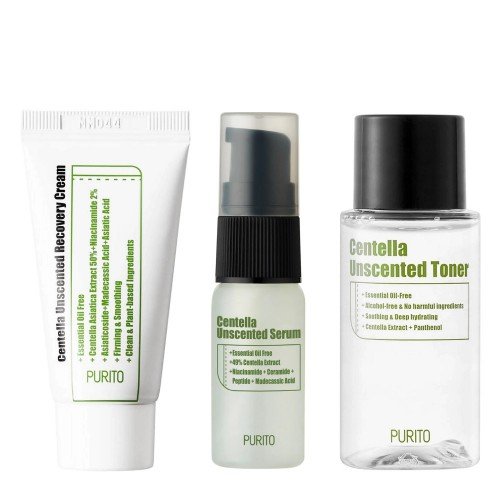 Purito - Centella Unscented Mini Kit - Sada neparfémovanej kozmetiky s pupočníkom ázijským - Tonikum - 30ml + Sérum - 15ml + Krém - 12ml